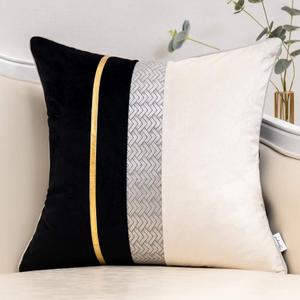 Yangest Black Patchwork Velvet Throw Pillow Cover with Gold Striped Leather Cushion Case Modern Luxury Pillowcase for Sofa Couch Bedroom Living Room Home Decor,18"x18"