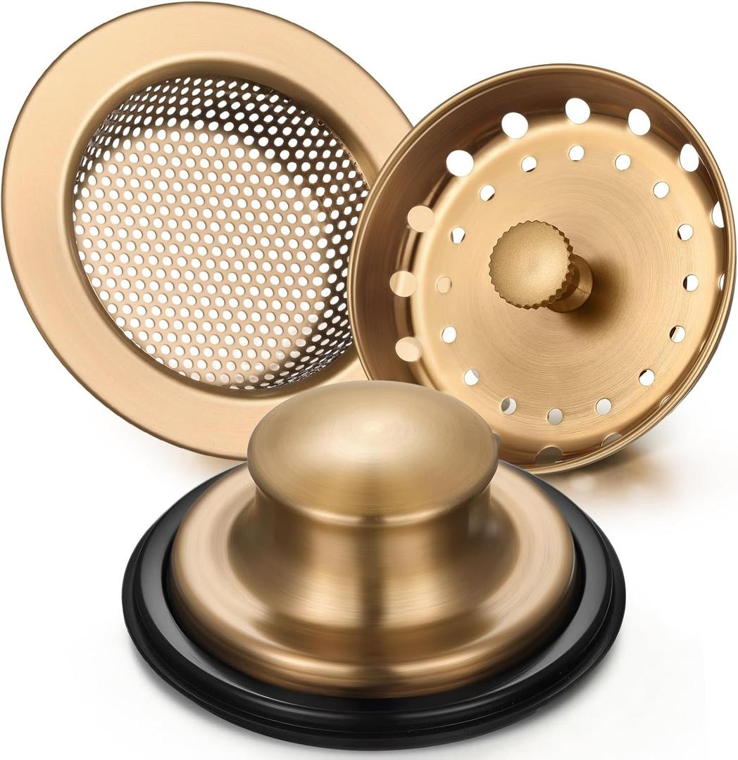 Mudder 3 Pcs Kitchen Sink Drain Strainer and Stopper Stainless Steel Garbage Disposal Plug with Handle Universal Anti-Clogging Kitchen Sink Filter Sieve Basket Strainer (Champagne Bronze)