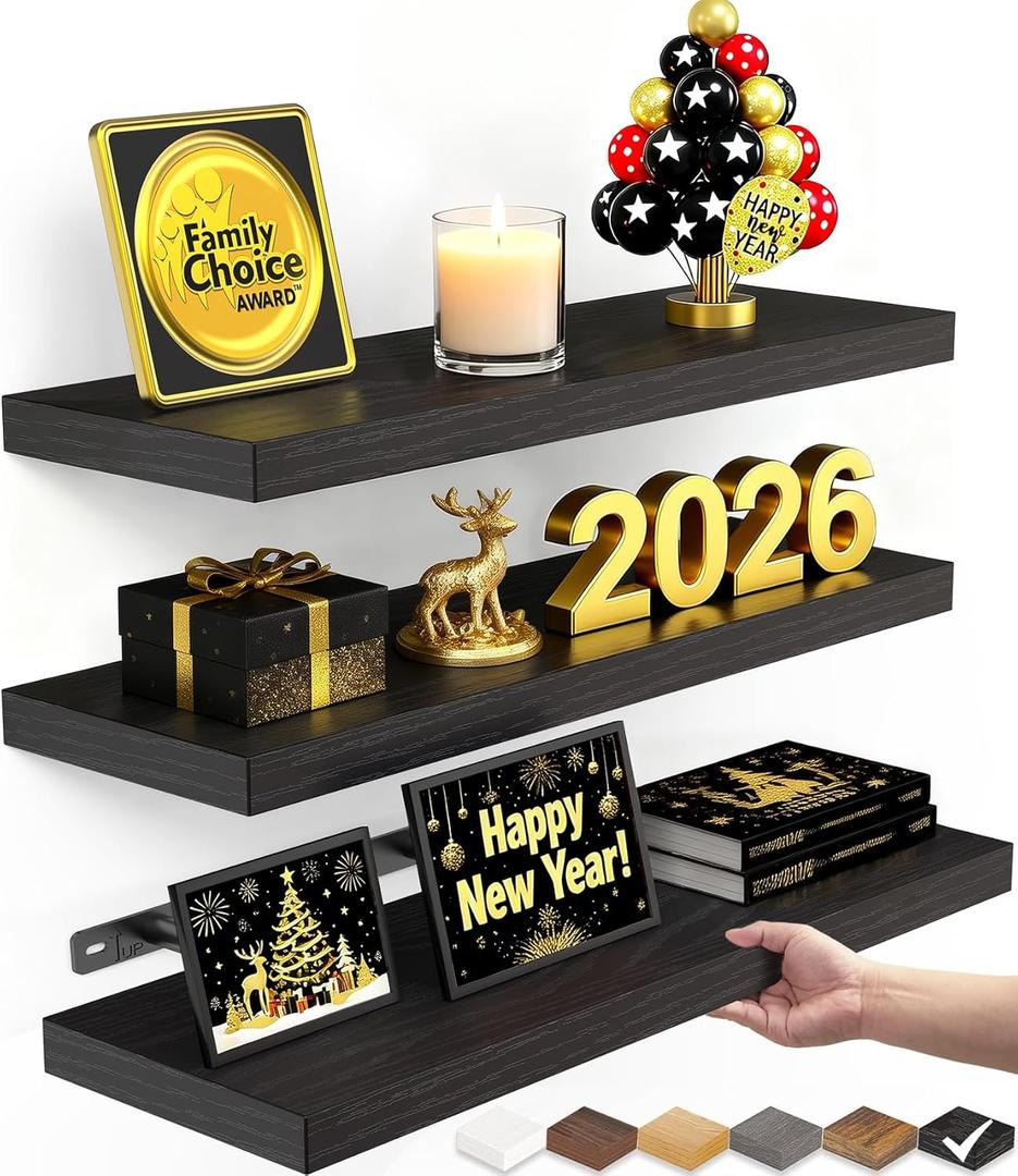 BAYKA Floating Shelves for Wall, Wall Mounted Rustic Wood Shelves for Bathroom, Bedroom, Living Room, Kitchen, Hanging Shelf for Books/Storage/Room Decor with 22lbs Capacity (Black, Set of 3, 15.7in) (A. Black - Universal Classic Style)