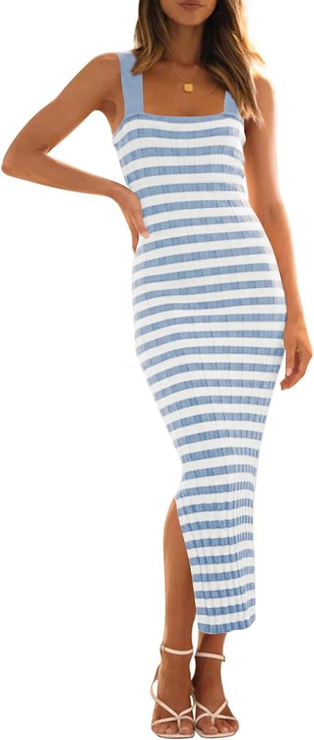 MEROKEETY Women's 2025 Summer Spring Bodycon Midi Dress Vacation Sleeveless Ribbed Knit Striped Party Sweater Dresses (Medium, Blue)
