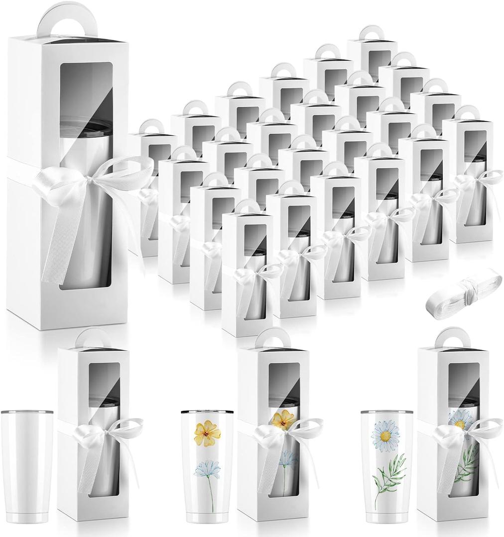 Ctosree 24 Pcs Tumbler Gift Box with Handle for 12oz 16oz 20oz 30oz Clear Wine Glass Gift Box Sublimation Tumblers Heat Press Blanks Bottle for Christmas Wrapping Packaging(White)