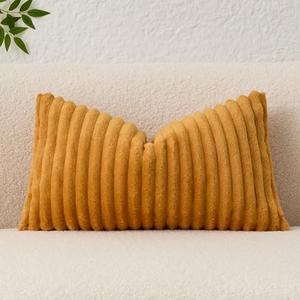 Kevin Textile Soft Plush 12x24 Inch Lumbar Pillow Cover 1 Pack, Luxury Fluffy Faux Fur Striped Flannel Rectangle Cushion Case for Couch Sofa Chair Bed Home Decor, Golden Yellow