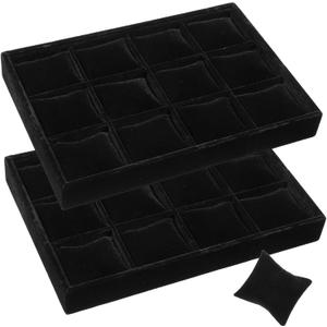 2 Pack 12 Grid Velvet Watch Tray Organizer with Removable Pillows - Stackable Bracelet & Bangle Display Holder for Drawer, Store, or Travel - Black