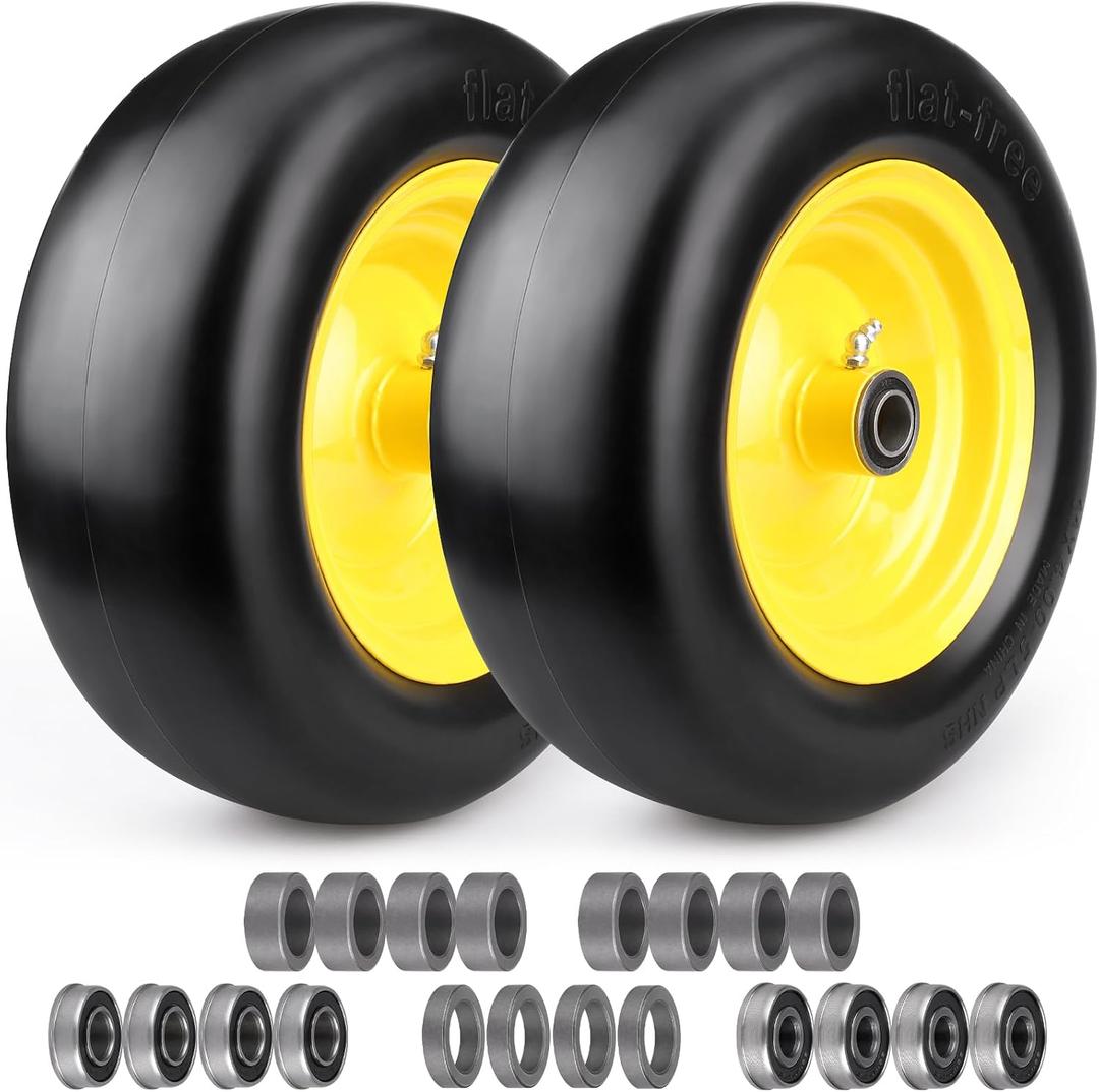 11x4.00-5'' Flat Free Lawn Mower Tires & Wheels,11x4.00-5 Lawn Mower Tires With 5/8" or 3/4" or 1/2" Precision Bearings and 3.4"-5.4" Center Hub,Solid Tire for Zero-Turn Lawn mowers,2 Pack Yellow