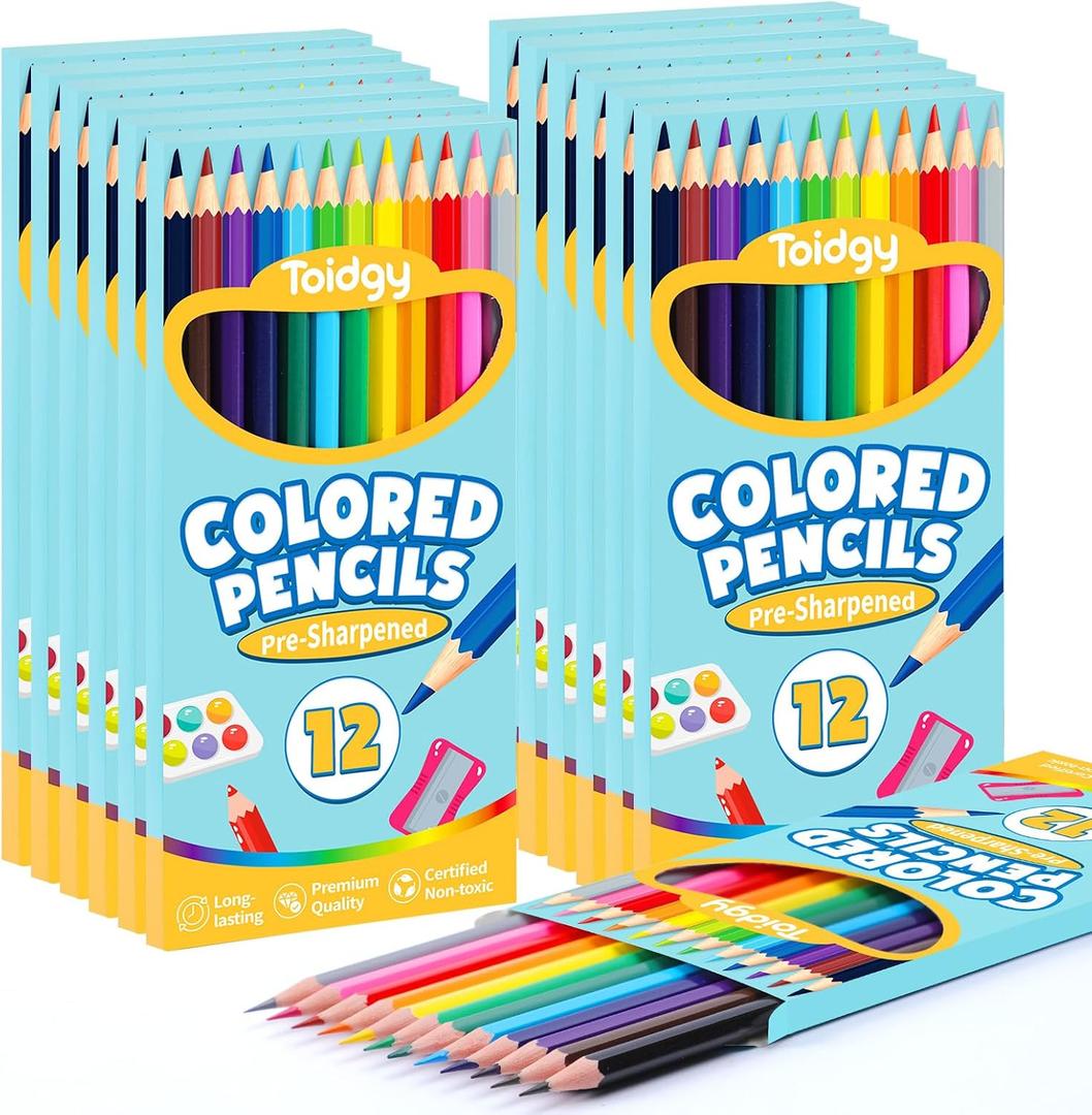 Toidgy 144 Count Colored Pencils for Kids, 12 Packs Colored Pencils Bulk 12 Colors, Pre-sharpened Color Pencils for Adults, Bulk School Supplies for Teachers, Back to School Supplies, Classroom Prizes