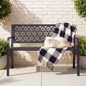 44" Outdoor Garden Bench, Iron Metal Frame Patio Bench with Backrest and Armrests, Weatherproof Anti-Rust Outdoor Bench for Front Porch, Park, Yard, Patio (411-Black)