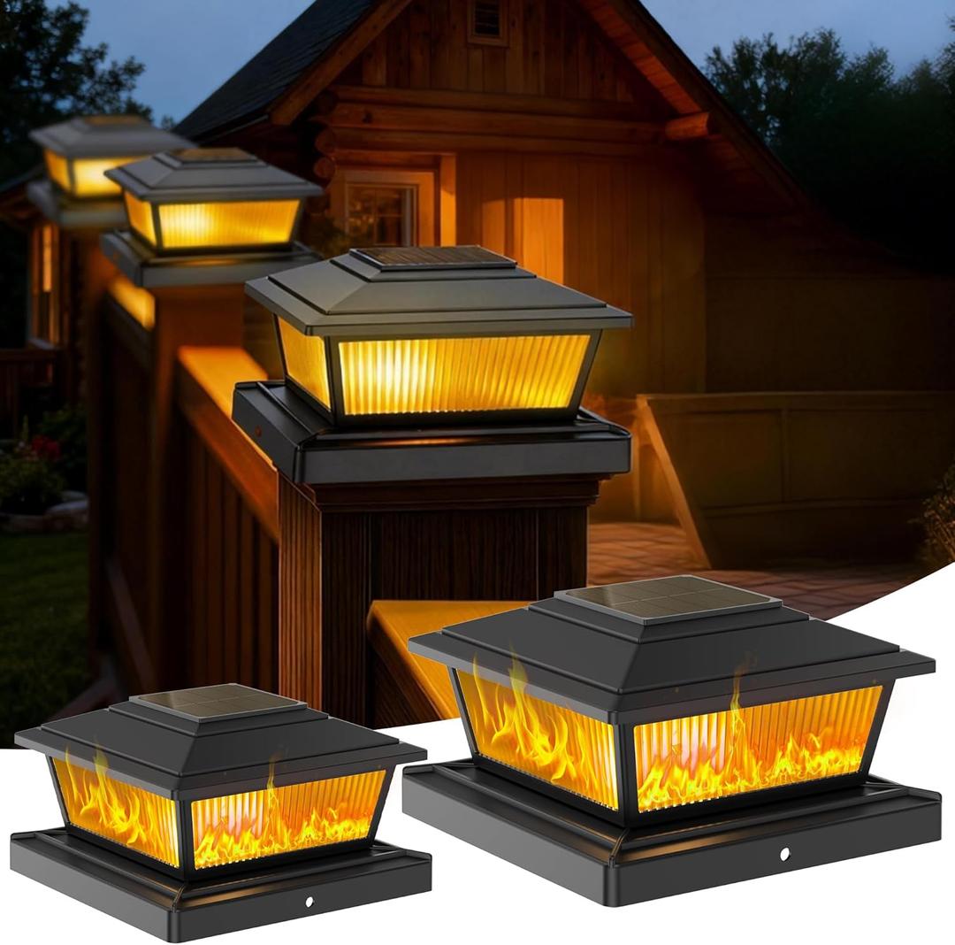 Solar Post Cap Lights Outdoor for 4x4 5x5 6x6 Wood/Vinyl Posts, 6 Pack Fence Post Solar Lights with Flickering Flame & Warm Modes for Deck/Garden/Patio, IP65 Waterproof - Black