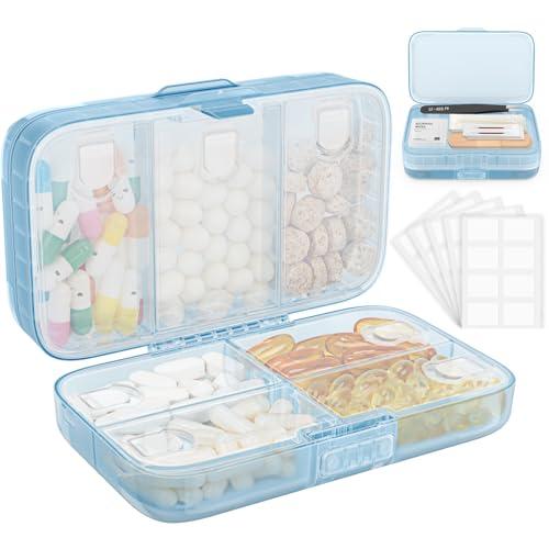 FYY Weekly Pill Organizer with Labels,8 Compartments Travel Daily Pill Case Airtight Moistureproof Large Pill Box to Hold Vitamins, Fish Oil, Supplements,Cotton Swab and Bandages-Blue