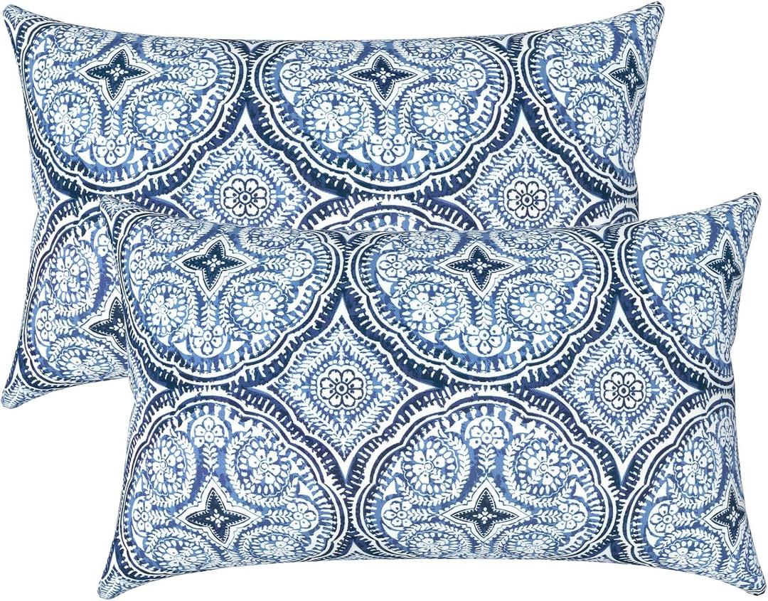 LVTLVTXIII 1220 Inch Outdoor Lumbar Pillows, Pack of 2 Water Repellent Lumbar Pillow with Inserts, Fluffy Decorative Garden Lumbar Cushions for Home Patio Coach Sofa Use, Medallion Blue