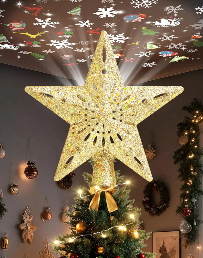 Christmas Tree Topper Star Lighted with 32.8ft Breathing Flickering String Lights & 6 LED Projection Modes, Gold Christmas Star Topper for Indoor Xmas Holiday Tree Decoration