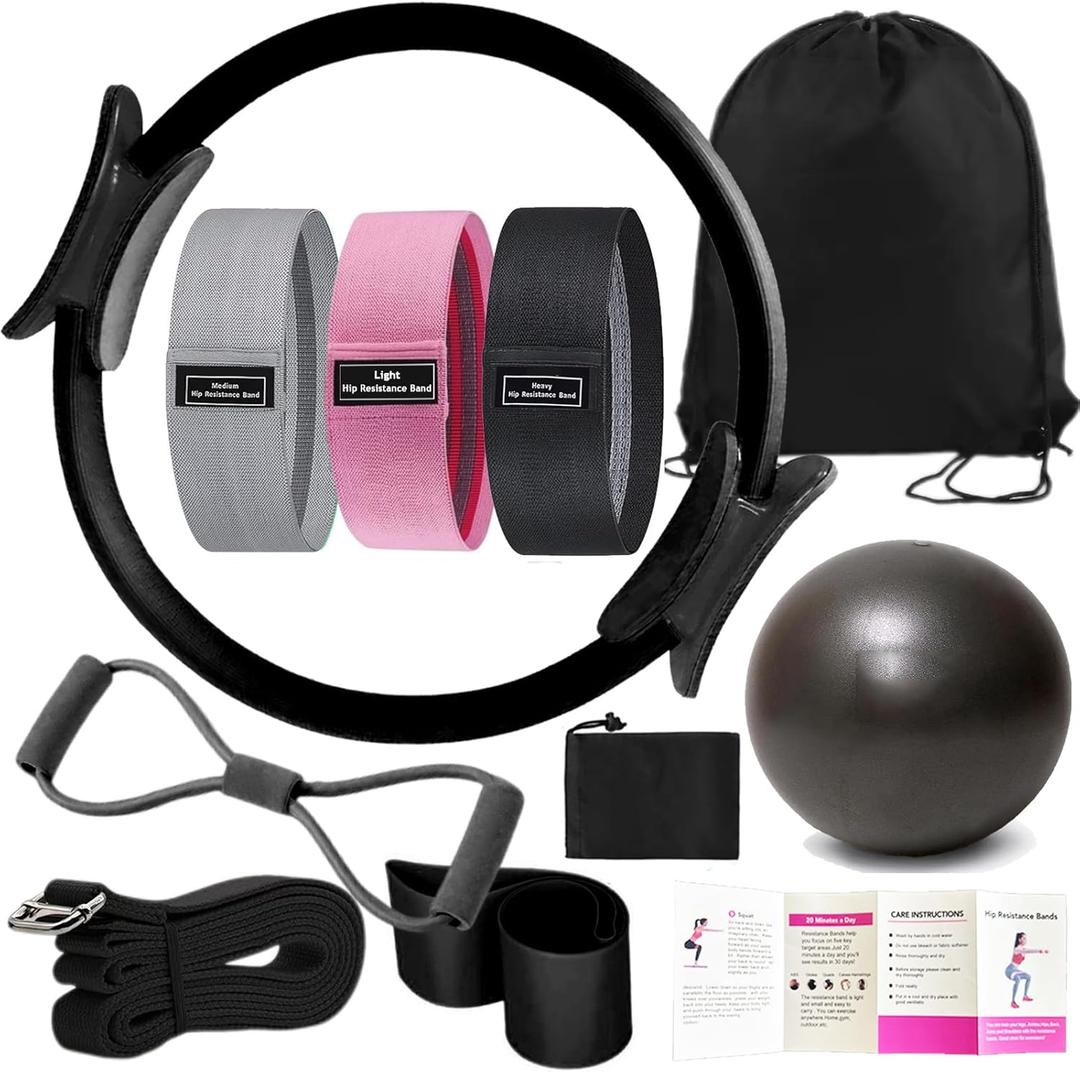 Pilates Essentials Kit for Women - Better Yoga Pilates Kit for Home Workouts with Pilates Ring and Ball Set, Booty Bands, Figure 8 Resistance Band, Yoga Bands for Stretching (Black)