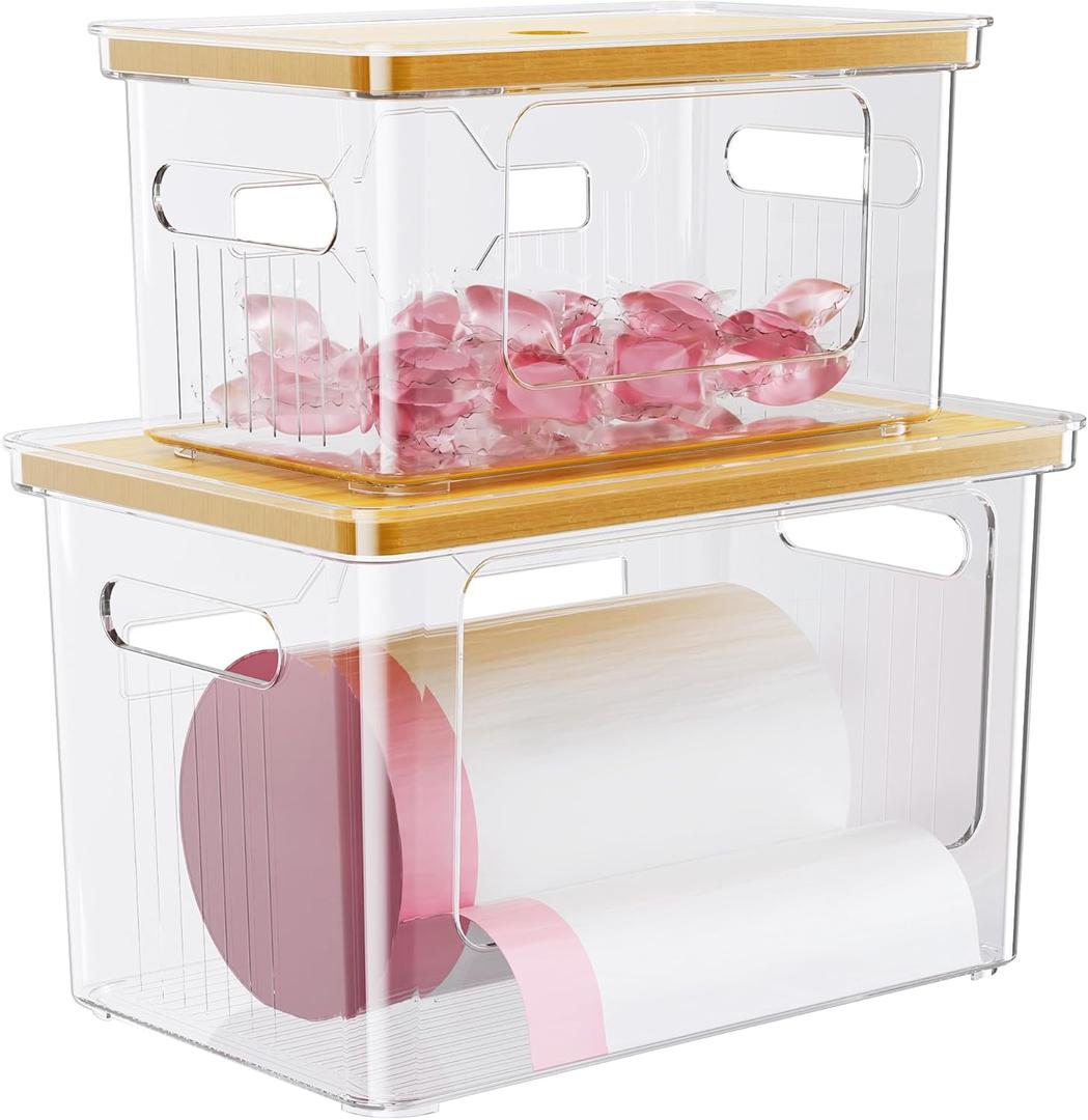 Delamu Acrylic  Bag Holder, 2 Pack (XL+S) Stackable Garbage Bag Dispenser, Clear Organizer Bins for Under Sink Organization, Pantry Storage, Cabinet, Kitchen, Laundry, Bathroom