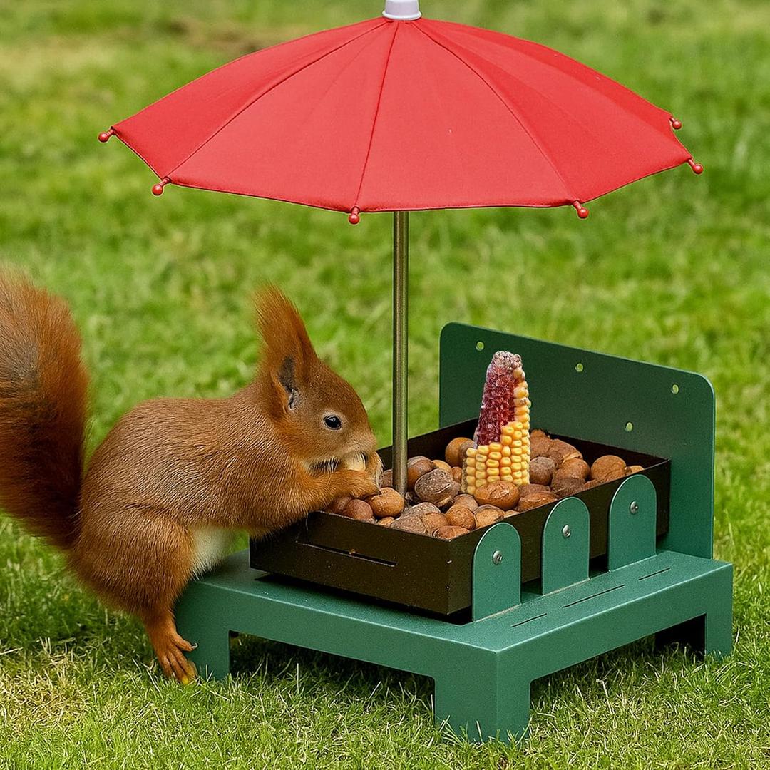 Squirrel Picnic Table Feeder with Umbrella Metal Squirrel Feeder for Outdoors, Large Food Tray & Corn Cob Holder, Funny Picnic Table for Wildlife, Tree-Mount Squirrel Table Feeding Station