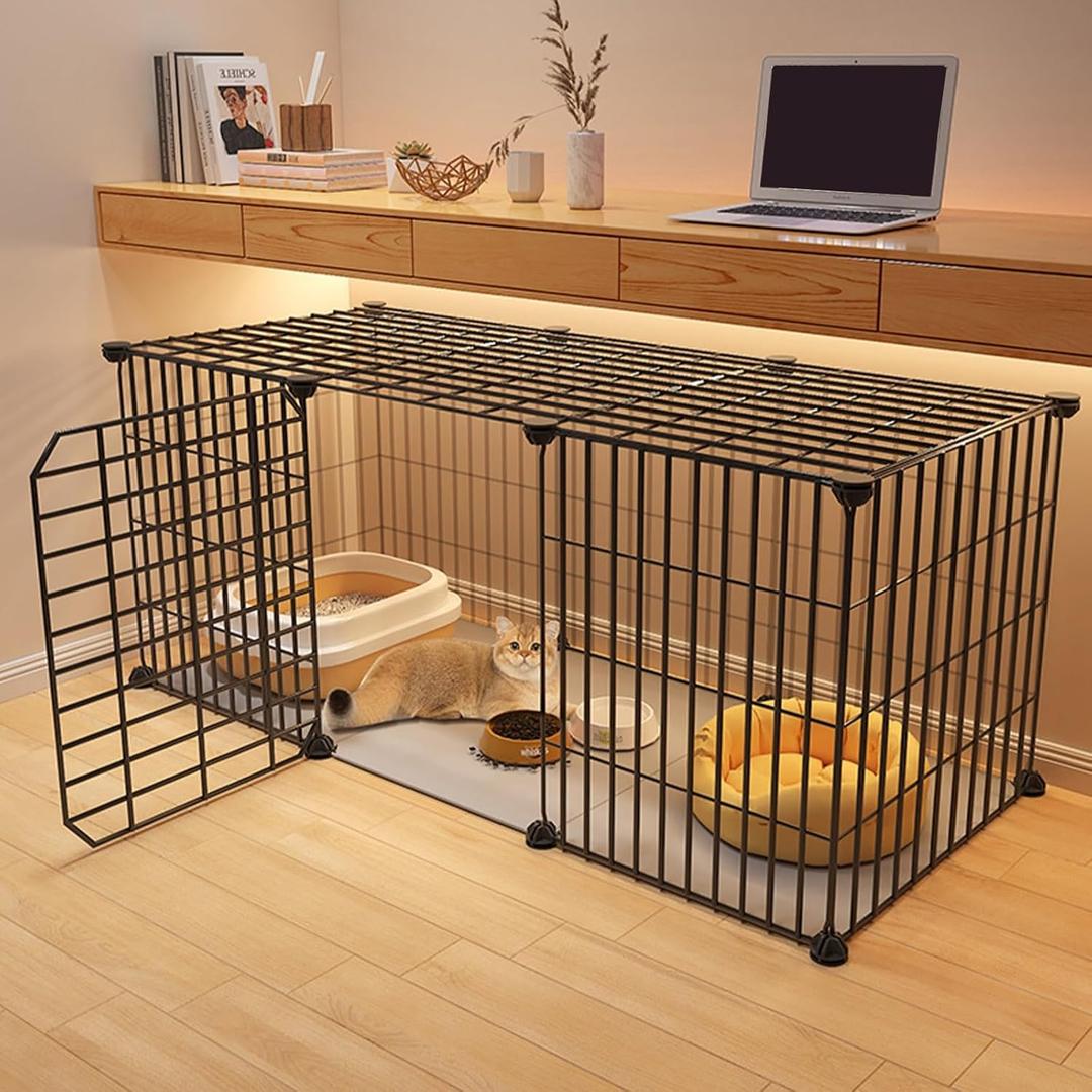 Indoor Cat Cage, Metal Wire Cat Enclosure, Family Cat Kennel, Single Layer, for Small Space (Black)