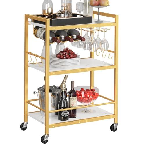 TUTOTAK Bar Cart - Serving Cart for Home - Microwave Cart, Drink Cart, Mobile Kitchen Shelf with Wine Rack and Glass Holder, Rolling Beverage Cart 13"D x 23.7"W x 32.7"H