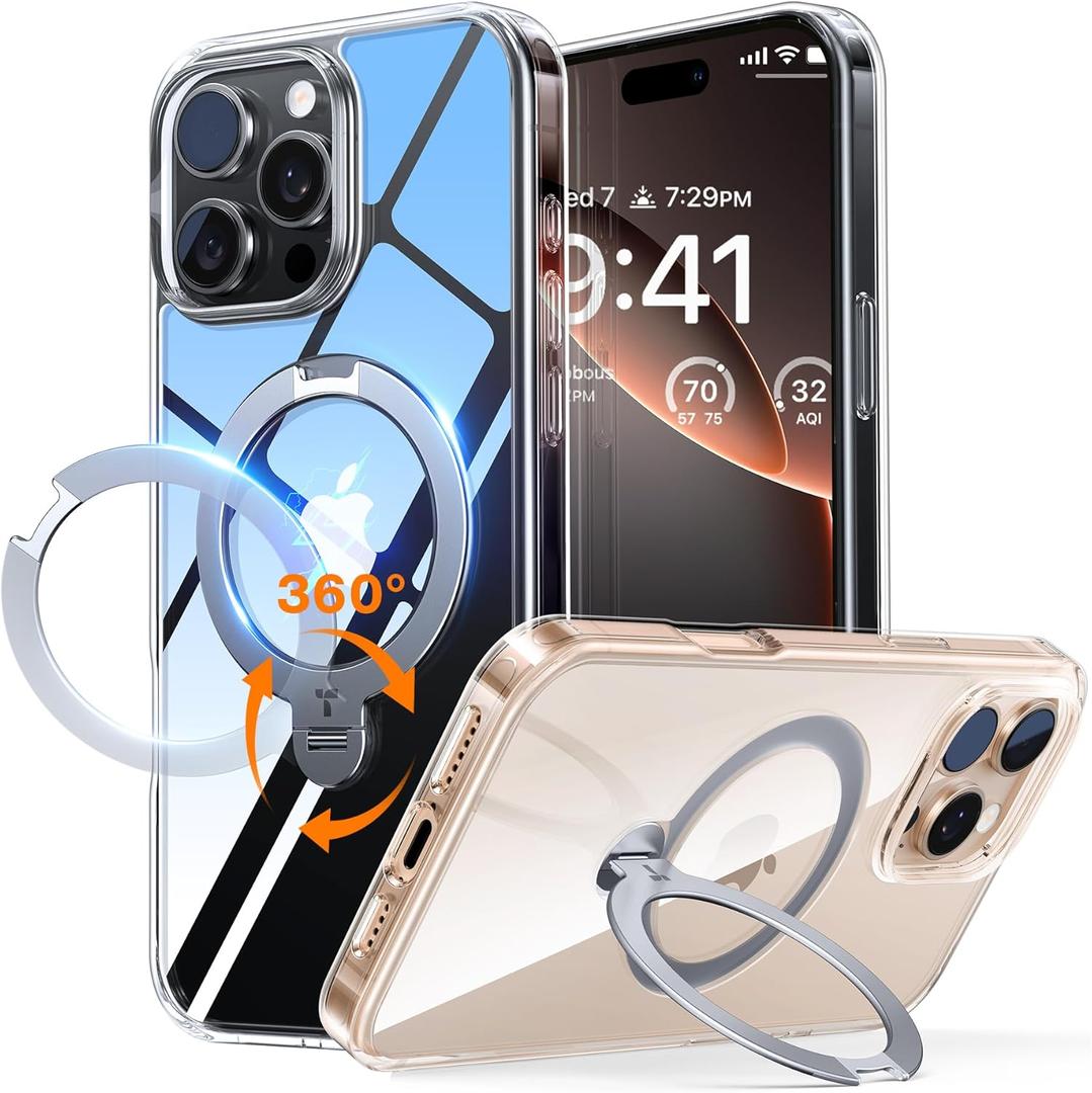 TORRAS 360Spin Magnetic Stand for iPhone 16 Pro Case, Compatible with MagSafe, Mil-Grade Protective Hard PC Soft Edge Slim Case for iPhone 16 Pro, Built-in Kickstand & Ring Holder, Clear 6.3"