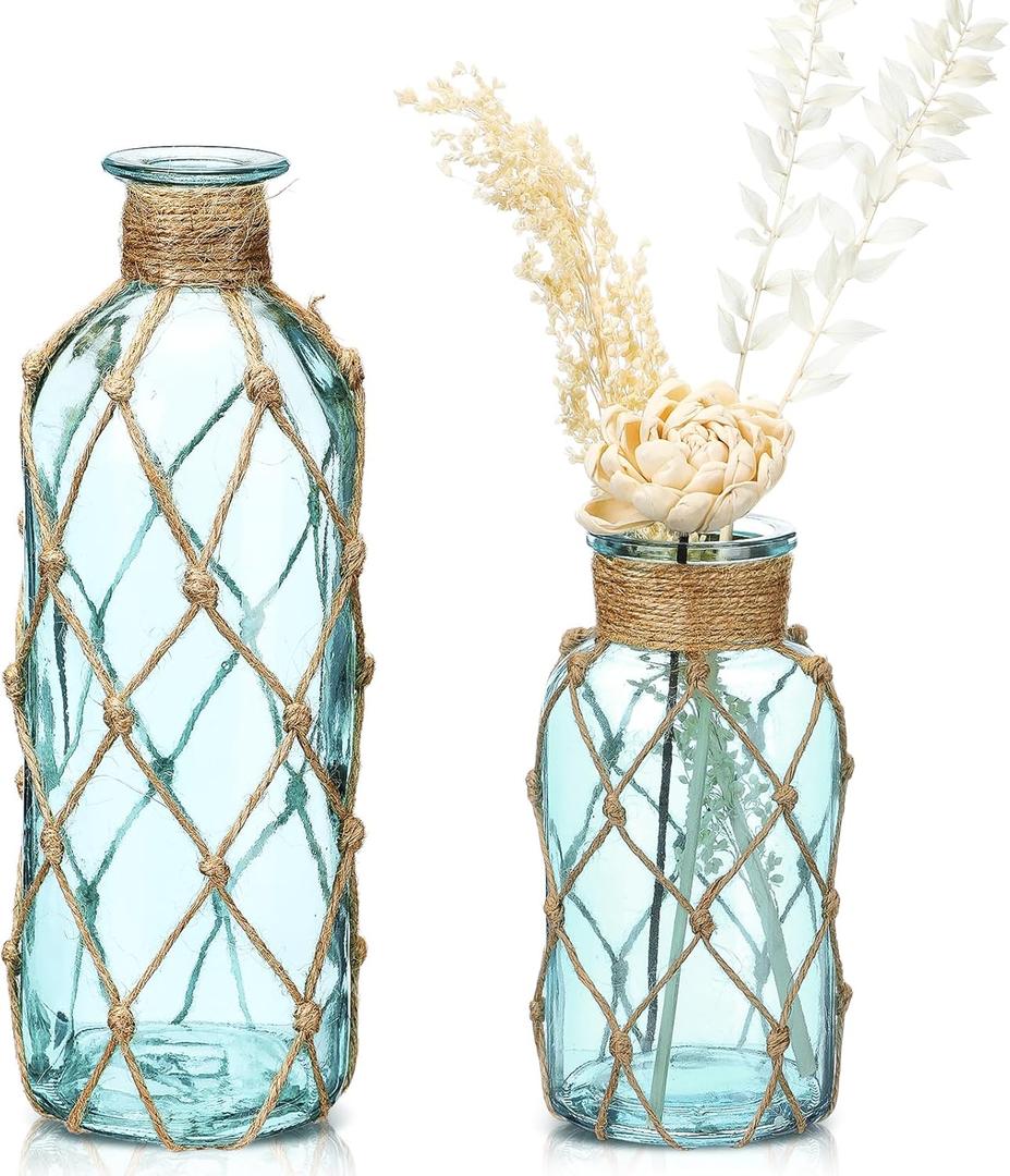 Chuangdi Set of 2 Coastal Glass Vases for Flowers TSITP Flower Vase with Boho Rope Small Sea Glass Jar Nautical Beach Bottle for Wedding Table Centerpieces Floral Arrangement Decor(Light Blue)