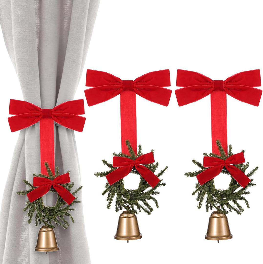 Suncalla 2 Pcs Christmas Curtain Buckle Tieback Christmas Wreath Curtain Ties Backs Holdback Holder Fastener Buckles with Velvet Bow and Bell for Xmas Holiday Home Window Decoration(Red)