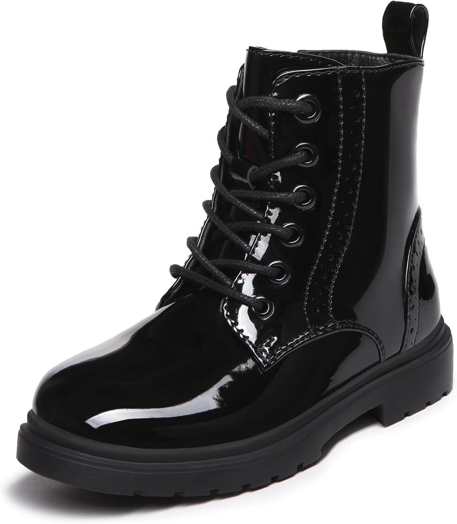 Athlefit Boys Girls Waterproof Combat Boots Lace Up Side Zipper Ankle Booties for Toddler/Little Kid/Big Kid (Black Patent) Size 1