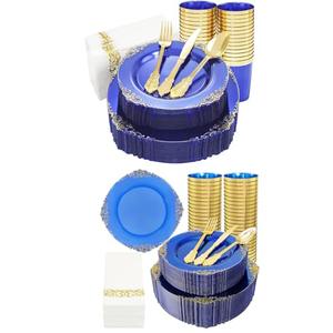 Nervure 525PCS Blue Plastic Plates - Blue Plastic Dinnerware Sets for 75 Guests - 150 Blue Disposable Party Plates, 225Gold Plastic Silverware, 75Cups, 75Napkins for Wedding & Party