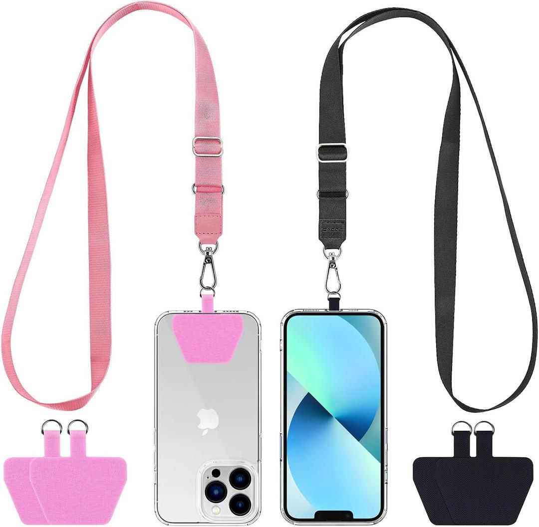 CACOE Phone Lanyard 2 Pcs Adjustable Neck Strap,4 Pcs Patches,Universal Crossbody Multifuctional Patch Cell Phone Lanyards Compatible with Most Smartphones(Black+Pink)