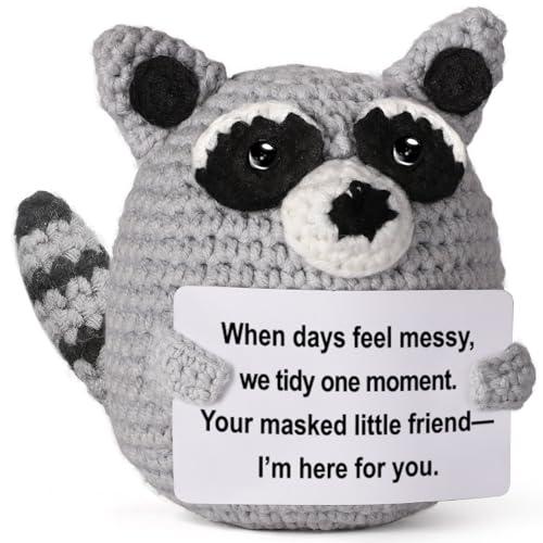Emotional Support – Mini Crochet Raccoon Plush with Story Sign, Handmade 4-inch, Cozy Desk Decor, Gentle Encouragement, Woodland Companion, Year-Round Comfort
