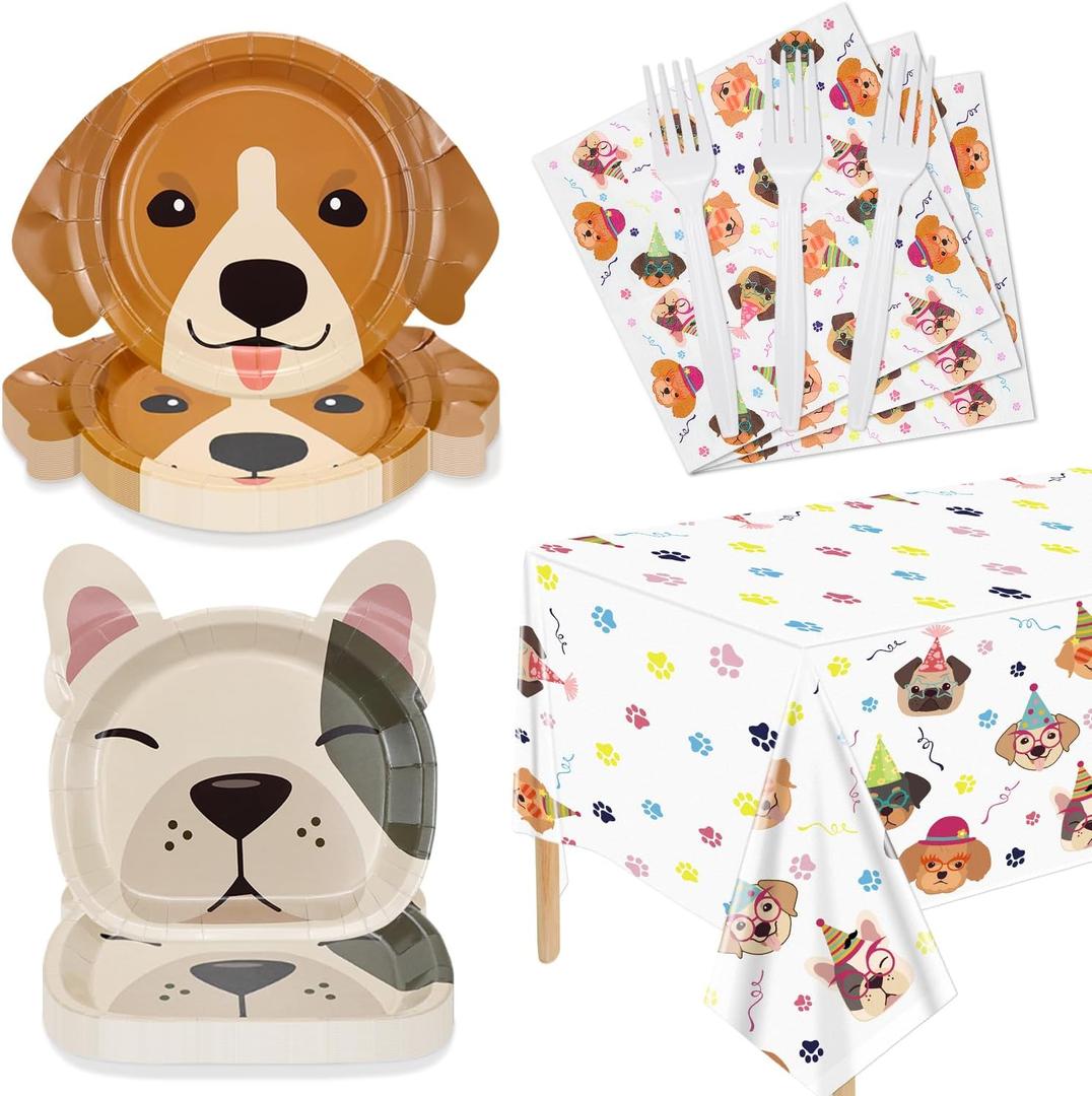 81 Pcs Dog Party Decorations - Including Plates, Napkins, Puppy Tablecloth, Black Plastic Forks for Kids Puppy Dog Themed Birthday Party Supplies, Serve 20