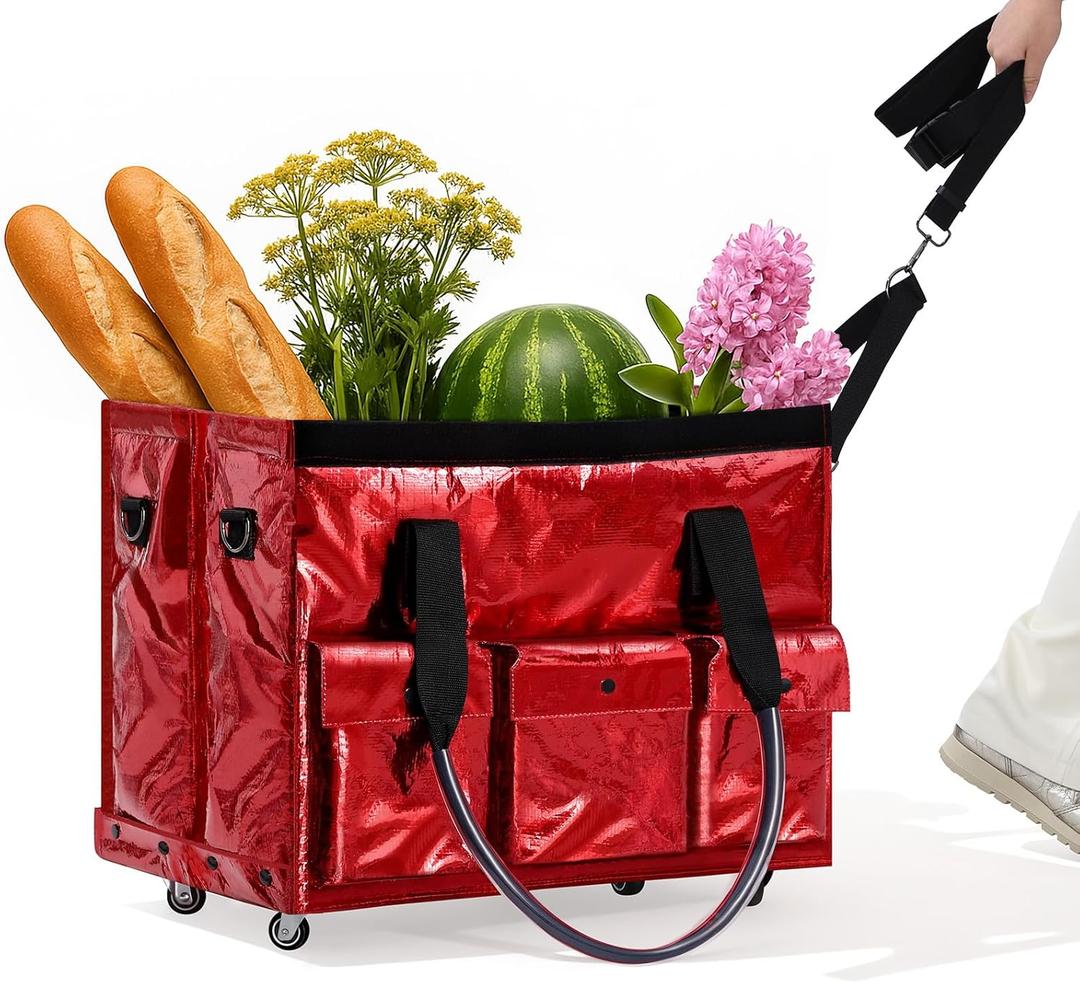 tobyto Reusable Grocery Bag on Wheels, 105L Foldable Rolling Tote, Shopping Trolley 66LBS Capacity - Water-Resistant for Laundry, Picnic, Storage & Travel (Red)