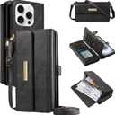 Caseurban Wallet Case Compatible with iPhone 16 Pro Max PU Leather Shoulder Strap Detachable Case RFID Blocking Card Holder Slots Kickstand Shockproof Protective Phone Cover for Women Men Black