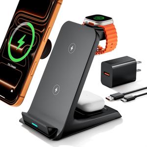 Wireless Charger for Thick Cases of 10MM/Otterbox/Popsocket Compatible, 3 in 1 Charging Dock for iPhone 16 15 14 13 12 Pro Max, Charging Station for Multiple Devices for Apple Watch/AirPods