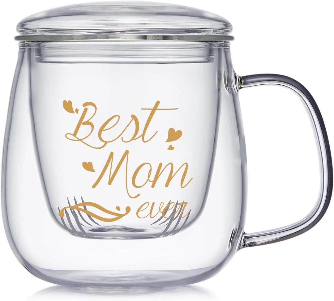 Glass Tea Cup 17.6oz, Best Mom Ever Mothers Day Cup with Gift Box, Gifts Mug for Mom, Glass Mug Teacup, Tea Cups for Mom Birthday, Perfect for Grandma & Daughter.