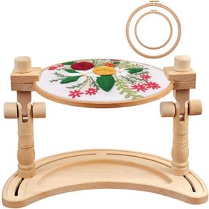 ZOCONE Multifunctional Beech Wood Embroidery Hoop Stand with 2 Pcs 6'' 8'' Embroidery Hoops, Adjustable Rotated Embroidery Stand Cross Stitch Stand, Embroidery Hoop Holder for Embroidery Project (D)