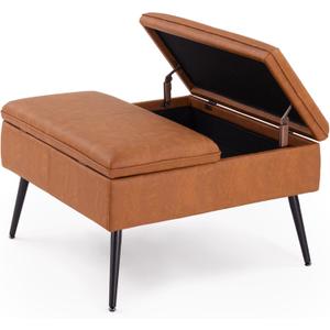 Square Ottoman with Storage, Large Oversized Ottoman Coffee Table, Double Flipping Lid & Mid-Century Modern & Faux Leather Style, Loads 660 lb, for Living Room, Bedroom, Entryway, Cognac Brown