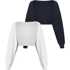 Floerns Women's 2 Pcs Plus Size Long Sleeve Rib Knit Cropped Cardigan Shrug Sweaters (X-Large Plus, Black and White)