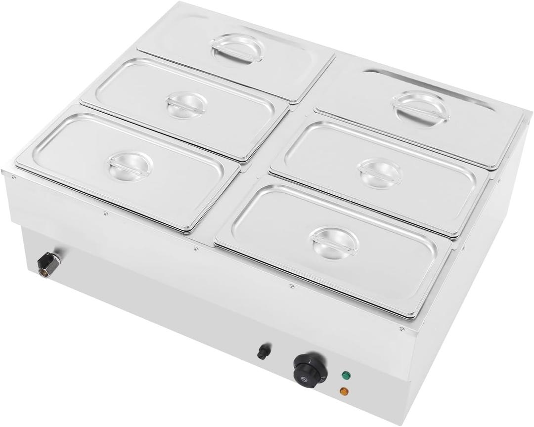 6-Pan Commercial Food Warmer Buffet Server Food Warming Tray Electric Food Steamer Stainless Steel Chafing Dishes Table Steamer Soup Station