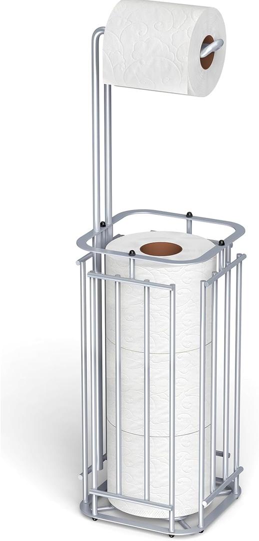 Meangood Toilet Paper Holder Stand, Square Tissue Paper Roll Dispenser for 4 Mega Rolls, Bathroom Free Standing Tissue Roll Storage Holder Rack (Silver)