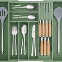 Bamboo-Silverware-Drawer-Organizer-Kitchen, Expandable Utensil Holder Cutlery Tray Flatware Organization Adjustable Wood Tableware Dividers Storage (with Removable Knife Block)(Grayish Green) (Large)