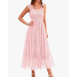 PRETTYGARDEN Women's Summer Tulle Midi Dress Sleeveless Smocked Ruffle Flowy Mesh Dresses Party Wedding Guest Sundress Small