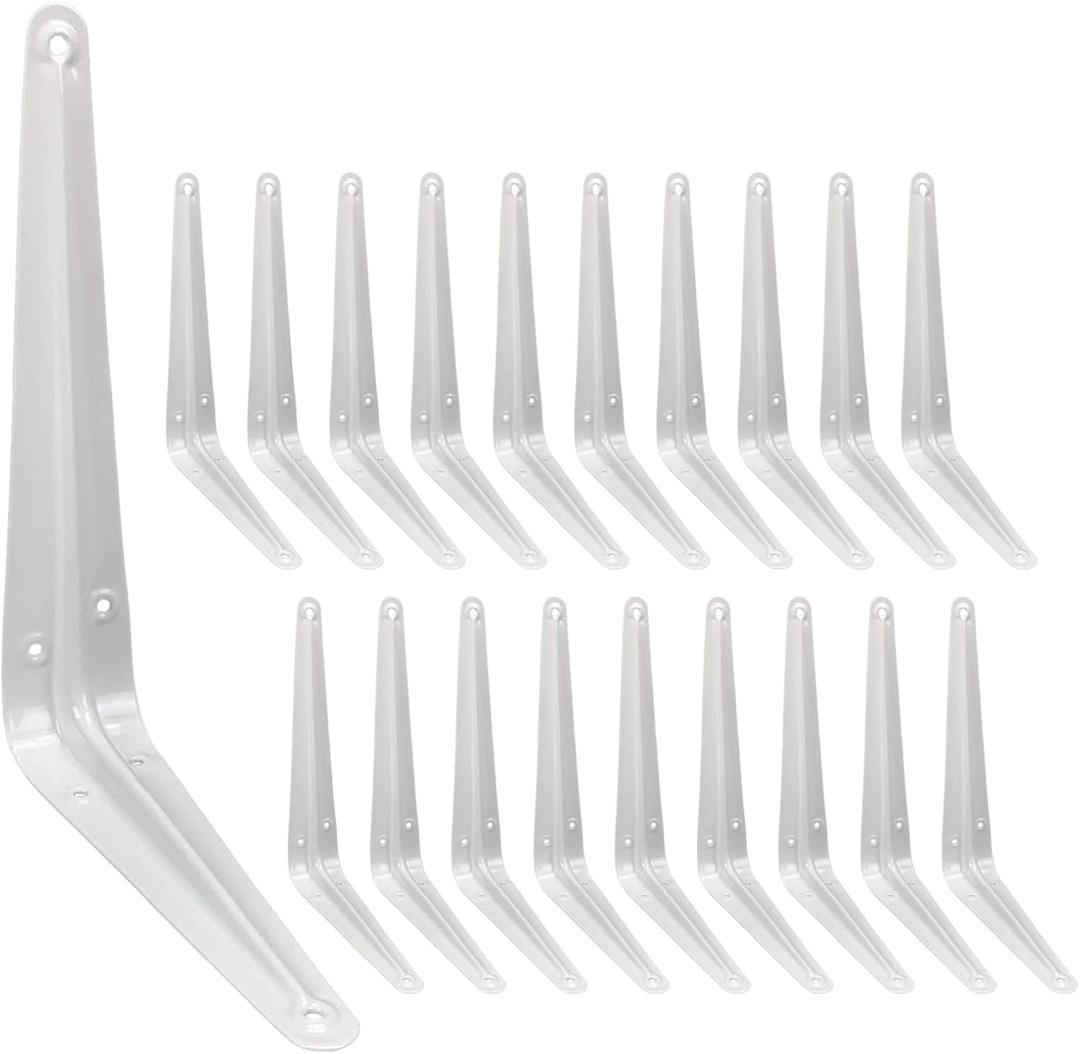 Shelf Brackets 8 Inch, 20 Pack White Metal Heavy Duty L Adjustable Floating Shelves Bracket, 8 x 6 Inch Industrial Pipe Decorative Shelf Angle Bracket for Wall with Screws