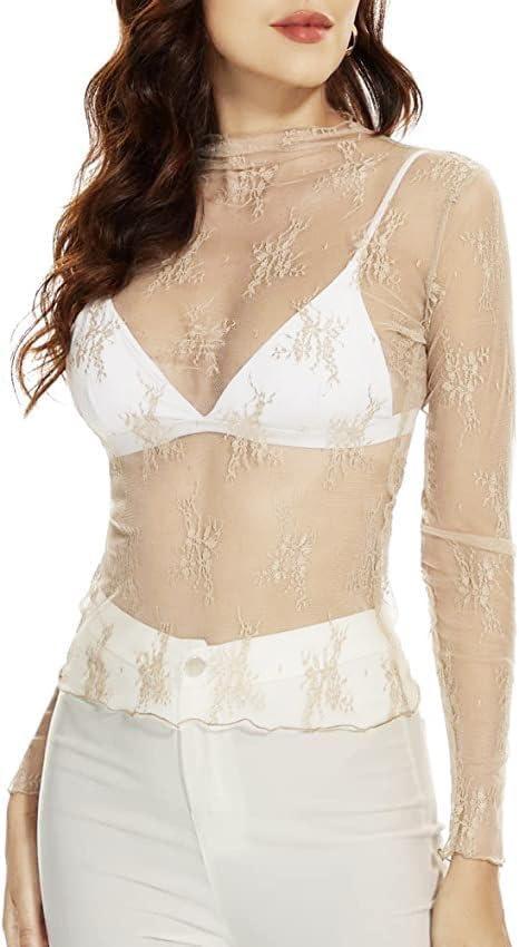 Mesh Lace Long Sleeve Layering Top for Women Mock Neck See Through Floral Shirt Tops(Beige,S) (White, S)