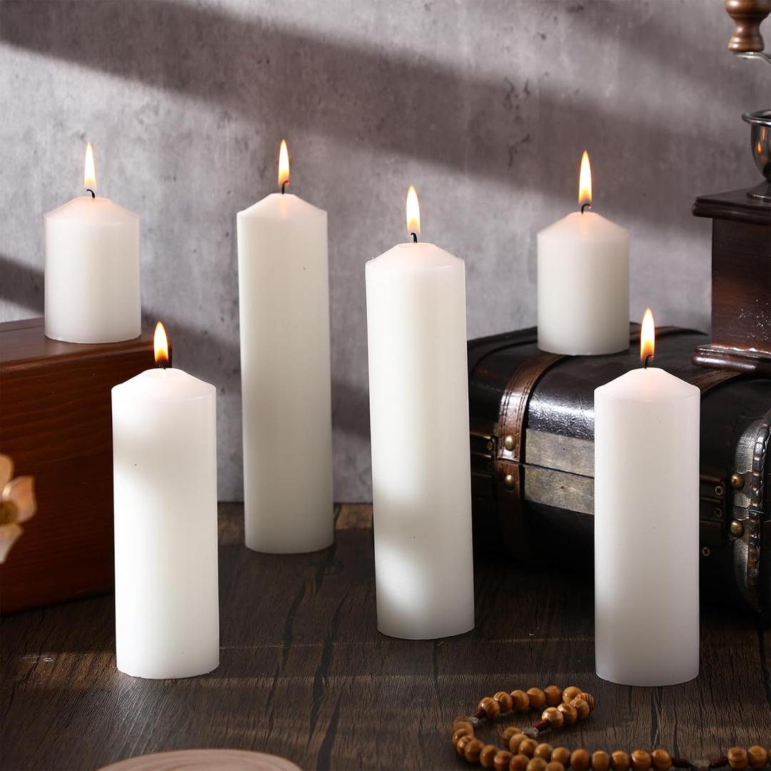 MTLEE 6 Pcs Pillar Candles 3 Set 2 in x 3, 6, 8 Inch Smokeless Dripless Unscented Pillar Candles Long Clean Burning Wax for Wedding Dinner Party Spa Emergency Ceremony Home Decor(White)