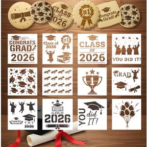 12Pcs Graduation Cookie Stencils Set 5.5"x5.5"  Class of 2026 Grad Cap & Diploma Designs, Reusable Plastic Cake Stencils for Cookies, Airbrush, Crafts & Graduation Party Decor