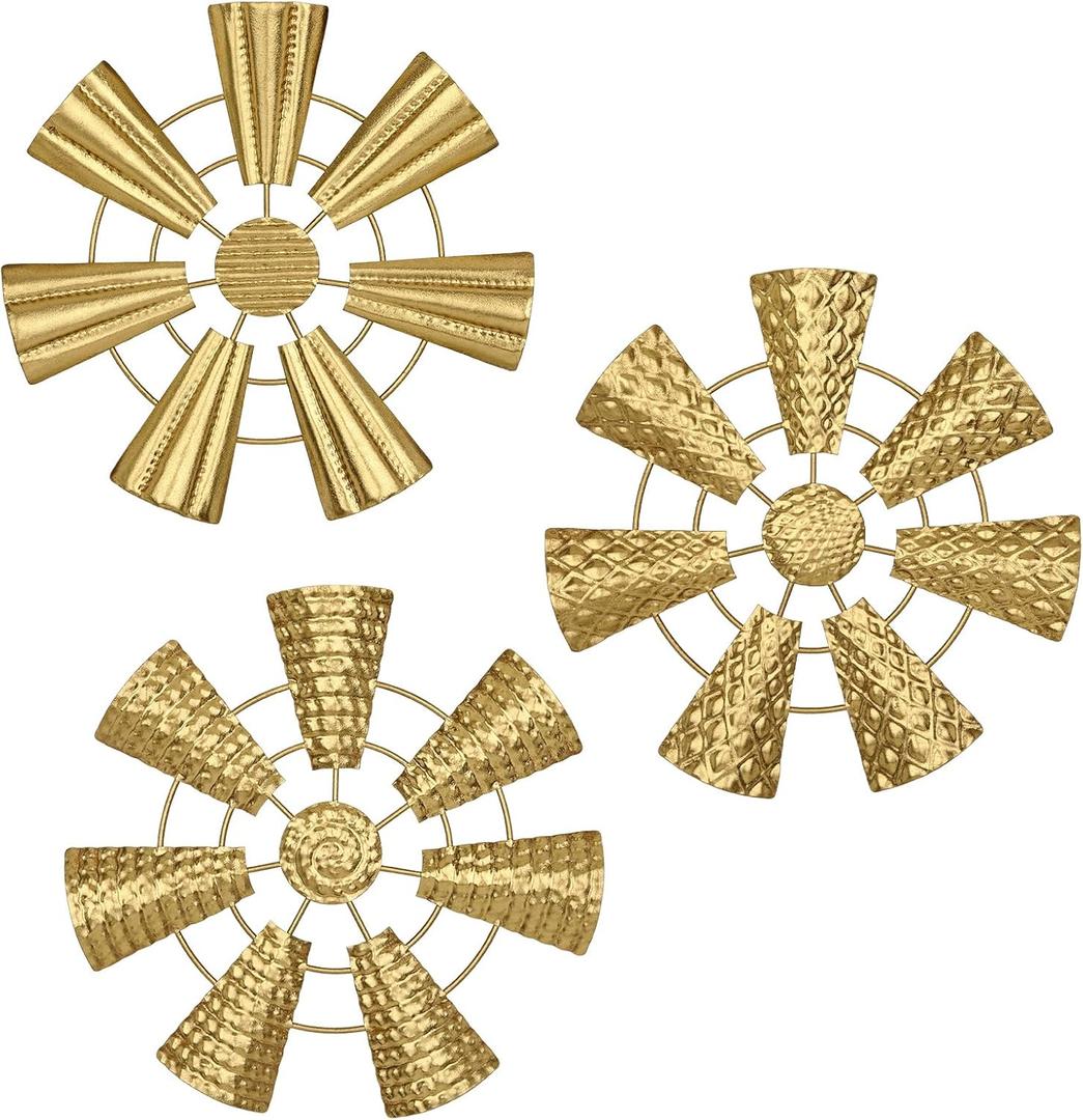 Briful 12" Wall Dcor Pack of 3 Metal Gold Windmill Radial Plate Wall Art Modern Accent Hanging Wall Decorations For Home Office Living Room Wall Sculptures