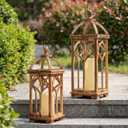 Large Farmhouse Wooden Decorative Lantern Set of 2, Rustic Brown Burnt Wood Hanging Lanterns for Indoor Outdoor Home Garden Porch Wedding Decor (No Glass)