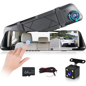 NHOPEEW 1080P Dash Cam Front and Rear, 4.5 Inch Touchscreen Rear View Mirror Camera with Dual Lens/Exposure Adjustment/Loop Recording/Parking Assistance + Backup Camera & 64G Card