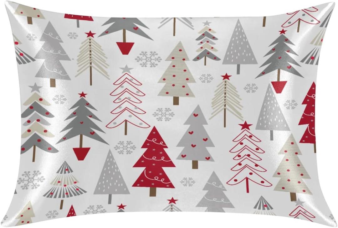 Satin Pillowcase Star Christmas Tree Silk Pillowcase for Hair and Skin, Pillow Cases Cooling Smooth Soft Pillow Cover 20x30 Inches, Queen Size