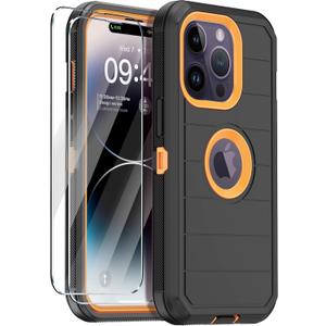Annymall for iPhone 14 Pro Max Case with 2 Screen Protector,Full Body Shockproof Drop Protection Dust Proof Heavy Duty 3-Layer Military Rugged Durable Cover for Apple iPhone 14 Pro Max(Black/Oranger)