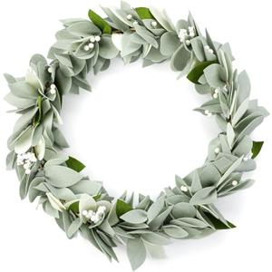 Peryiter 20 Inch Felt Eucalyptus Wreath with White Berries Felt Greenery Wreath Spring Summer Decor for Front Door Farmhouse Outside Year Round Wedding Easter Mother's Day Home Decor