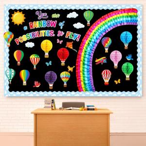 Janlaugh 3D Hot Air Balloon Bulletin Board Decorations Rainbow of Possibilities Classroom Decor Balloon Fly Theme Bulletin Board Cutouts Honeycombs Cloud Borders Back to School Preschool Kindergarten
