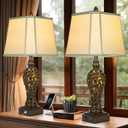 28.5" high Vintage Brown Table Lamps Set of 2 - Bedside Lamp with Faux Silk Shades - for Bedroom and Living Room with USB and Nightlight - Perfect for Nightstands and Bedrooms (Bulb Included)